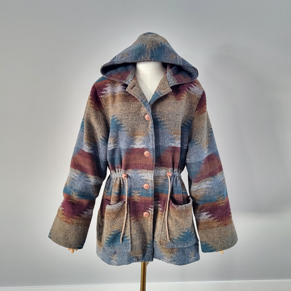 Vintage Wool Blend Southwestern Hooded Blanket Jacket | Cinch Waist